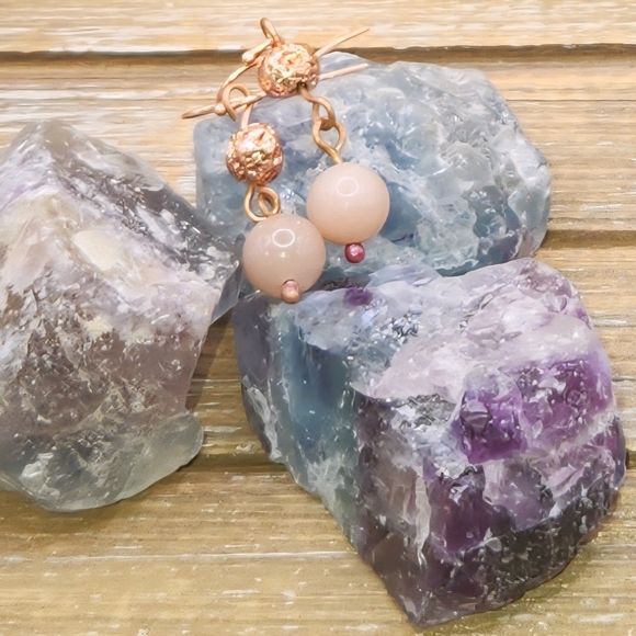 Persephone's Daughter Jewelry - Sunstone and Copper Electroplated Lava Rock Drop Earrings
